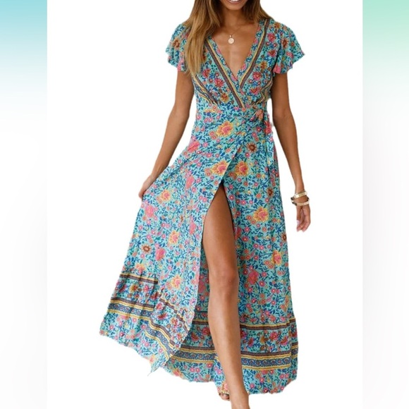 Dresses & Skirts - Boho, Farmhouse, Cottagecore Floral Deep V-Neck Maxi Wrap Dress - Blue and Pink